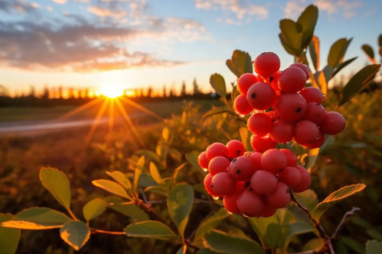 Grappes de canneberges au premier plan, illuminées par un coucher de soleil doré. Cette image évoque les ingrédients naturels et antioxydants utilisés dans les soins Derma'Love. La lumière chaleureuse symbolise l'éclat que nos produits apportent à votre peau, en harmonie avec les bienfaits de la nature.