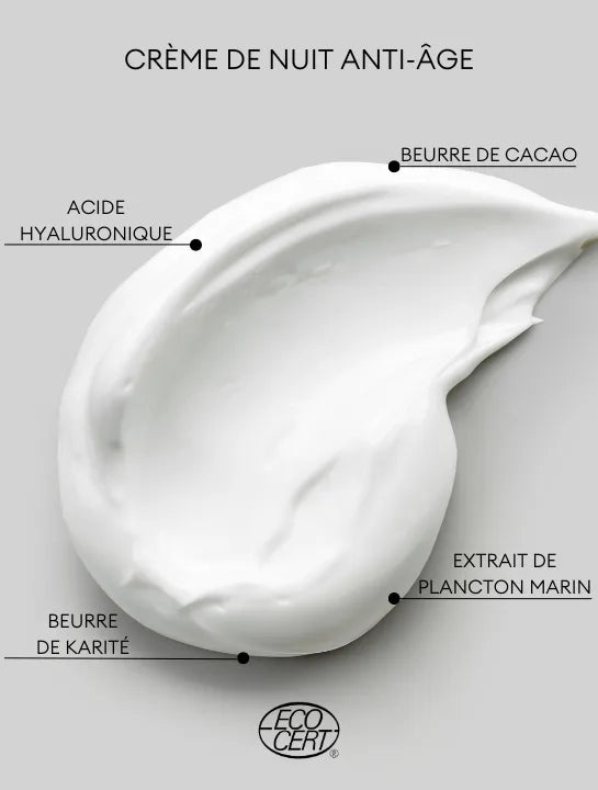 Crème de nuit anti-âge révélant la composition naturelle Derma'Love : acide hyaluronique, beurre de karité, beurre de cacao et extrait de plancton marin, certifiée Ecocert.