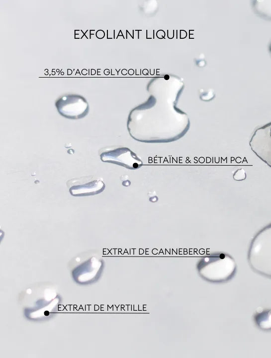 Exfoliant liquide révélant la composition naturelle Derma'Love : 3,5% d'acide glycolique, bétaïne, sodium PCA, extrait de canneberge et de myrtille.