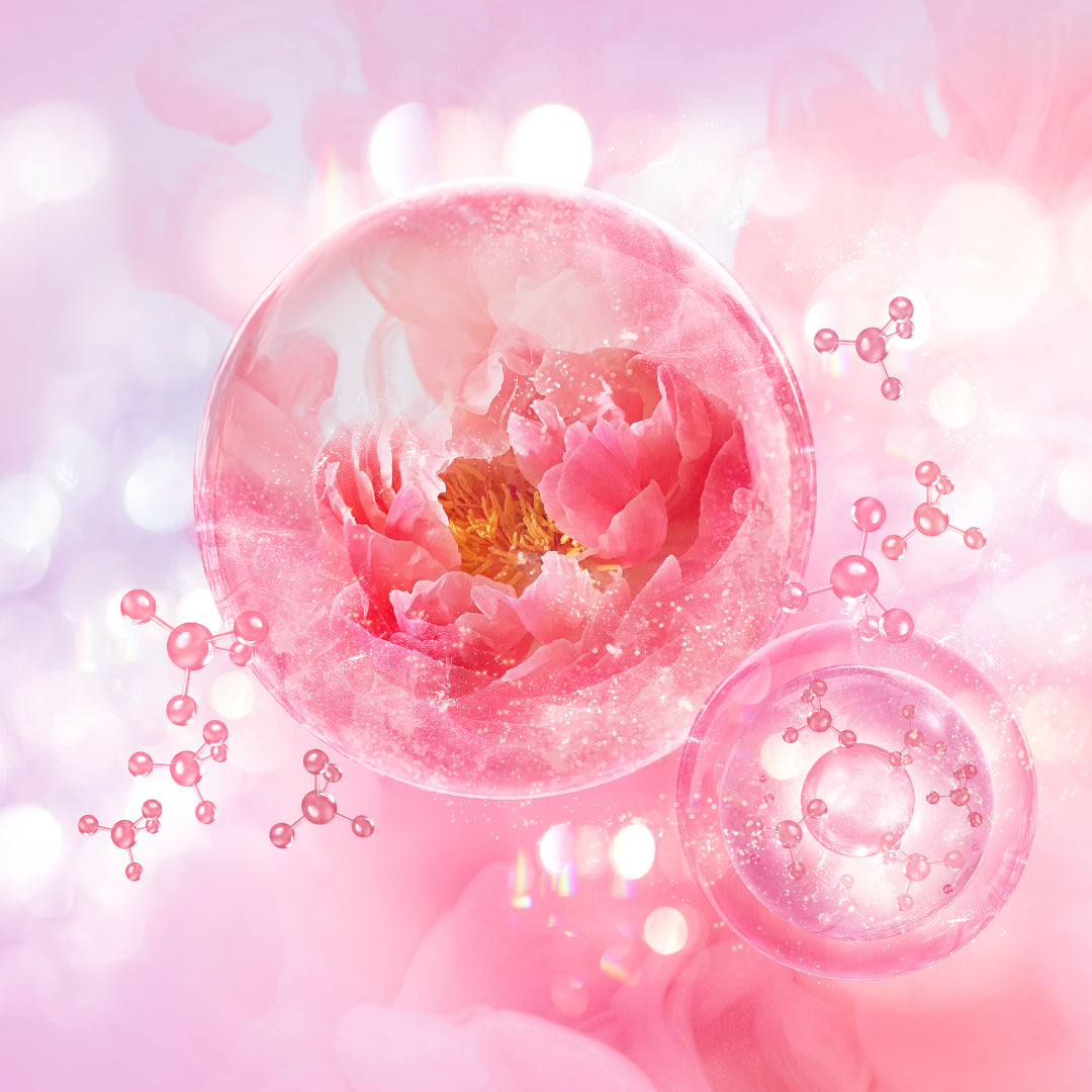 Innovation cosmétique Derma'Love : pivoine rose encapsulée dans une sphère cristalline avec molécules d'actifs naturels. Cette illustration symbolise l'alliance entre science et nature dans nos formules bio certifiées pour une efficacité prouvée.