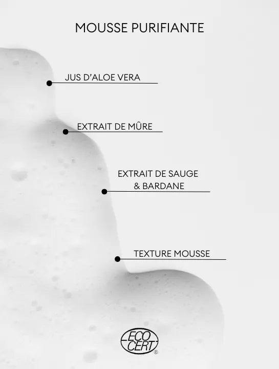 Mousse purifiante révélant la composition naturelle Derma'Love : jus d'aloe vera, extrait de mûre, extrait de sauge et bardane, pour une peau purifiée et éclatante.