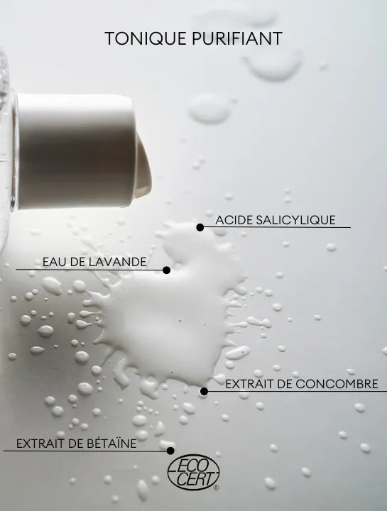 Tonique purifiant révélant la composition naturelle Derma'Love : acide salicylique, eau de lavande, extrait de concombre et extrait de bétaïne, certifié Ecocert.