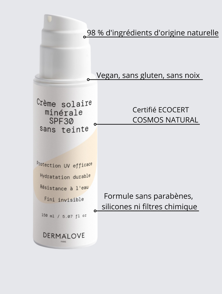 Crème solaire minérale SPF30 pour le visage et le corps, sans teinte